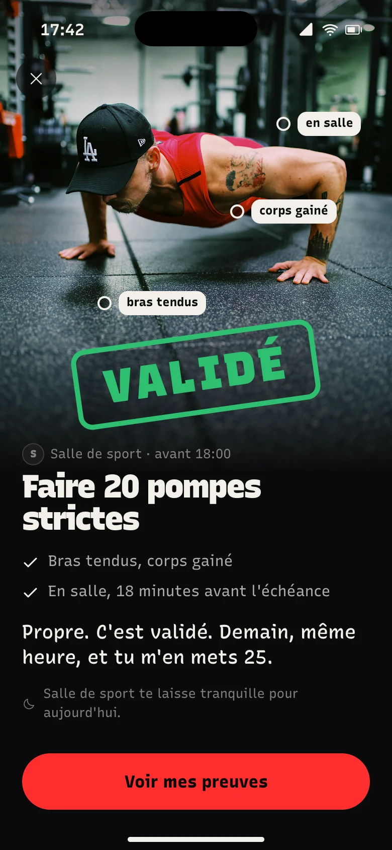 Preuve validée : faire 20 pompes strictes